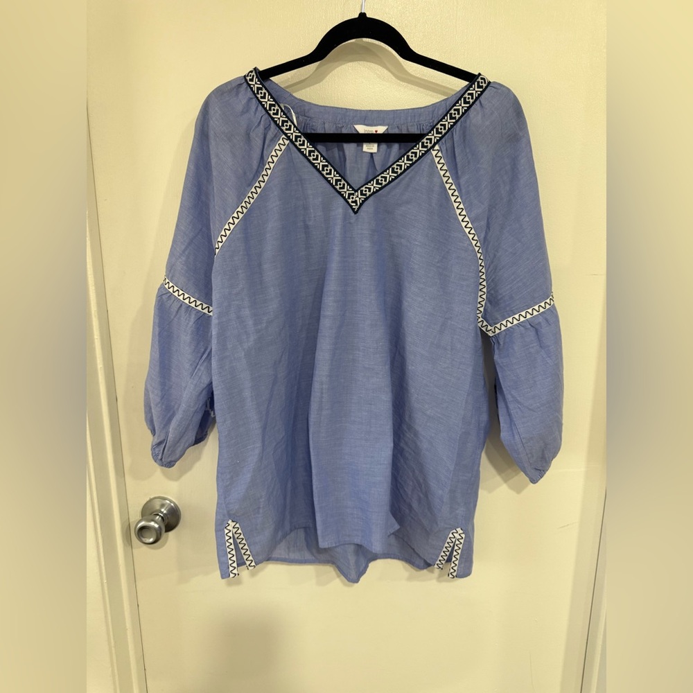 Intro. Blue Embroidered Peasant Bell Blouse Size L Boho Cotton 3/4 Sleeve Top